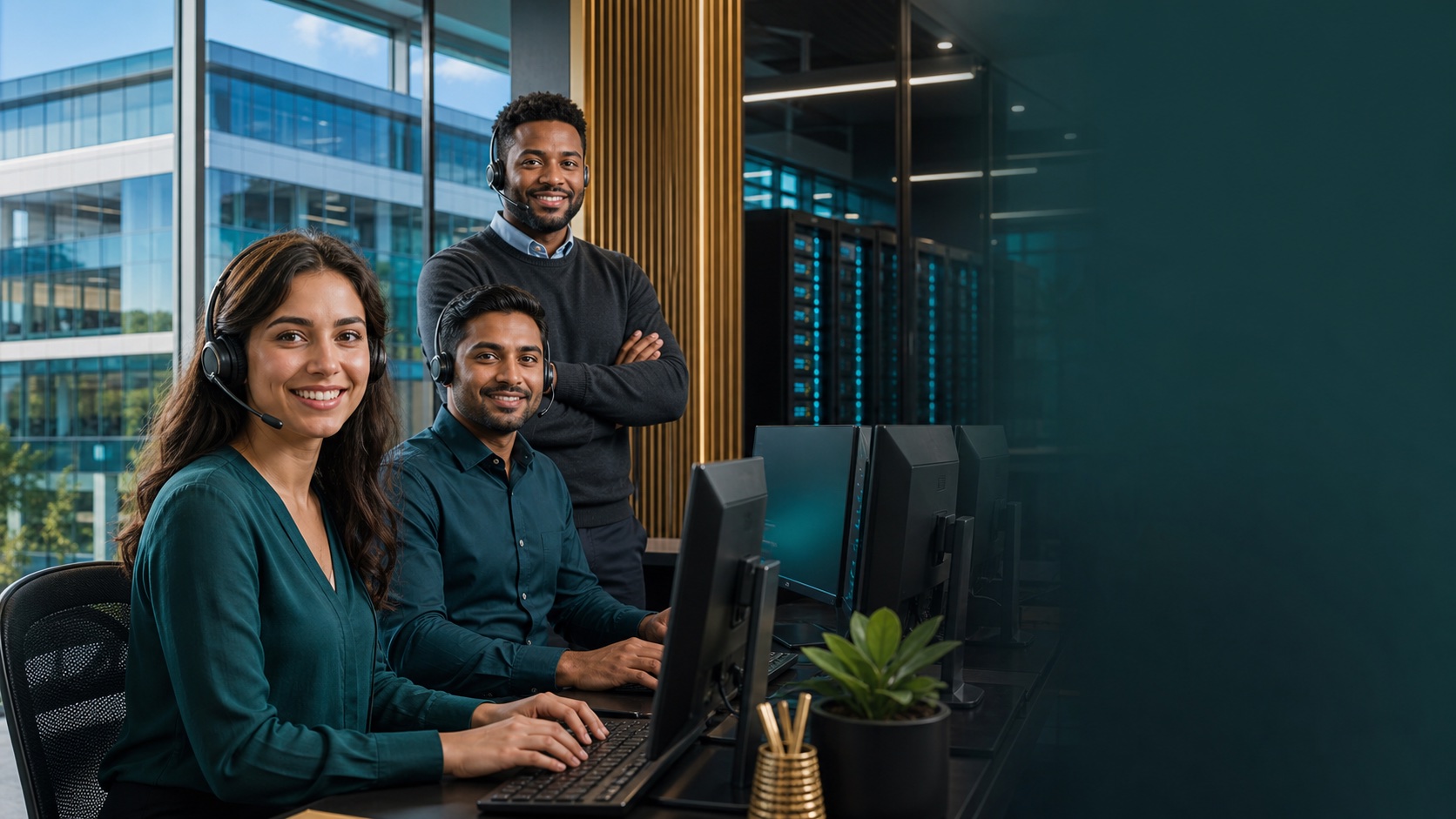 NRCube customer support professionals in a modern network operations center